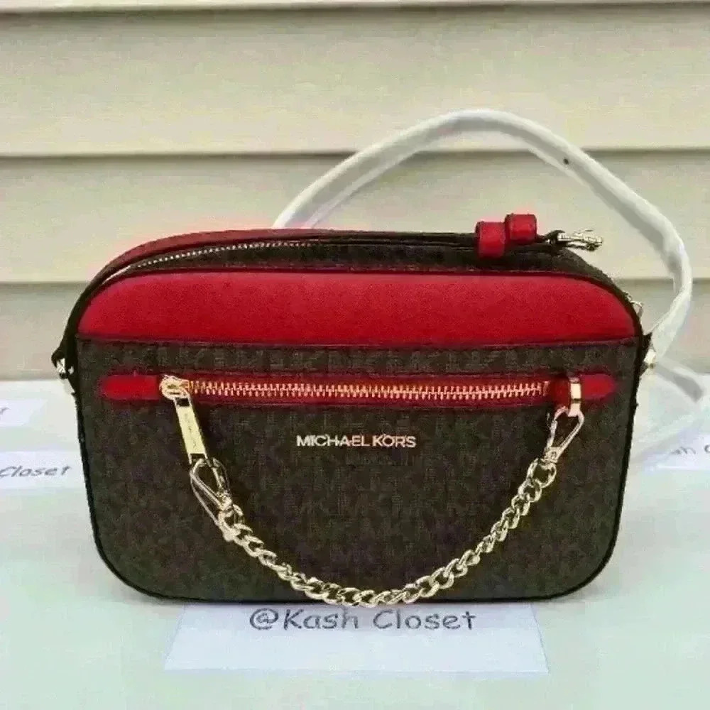 Michael Kors Chain Crossbody Bag Purse Jet Set Item Large EW Zip Flame